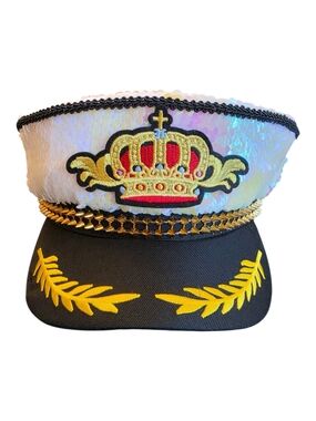 Captain Hat with Gold Crown Patch - White- Iridescent Light Pink Sequin Fabric
